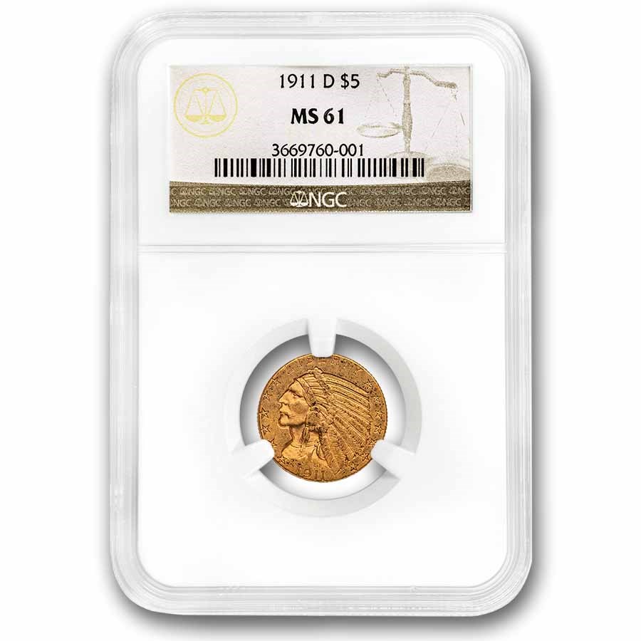 1911-D $5 Indian Gold Half Eagle MS-61 NGC