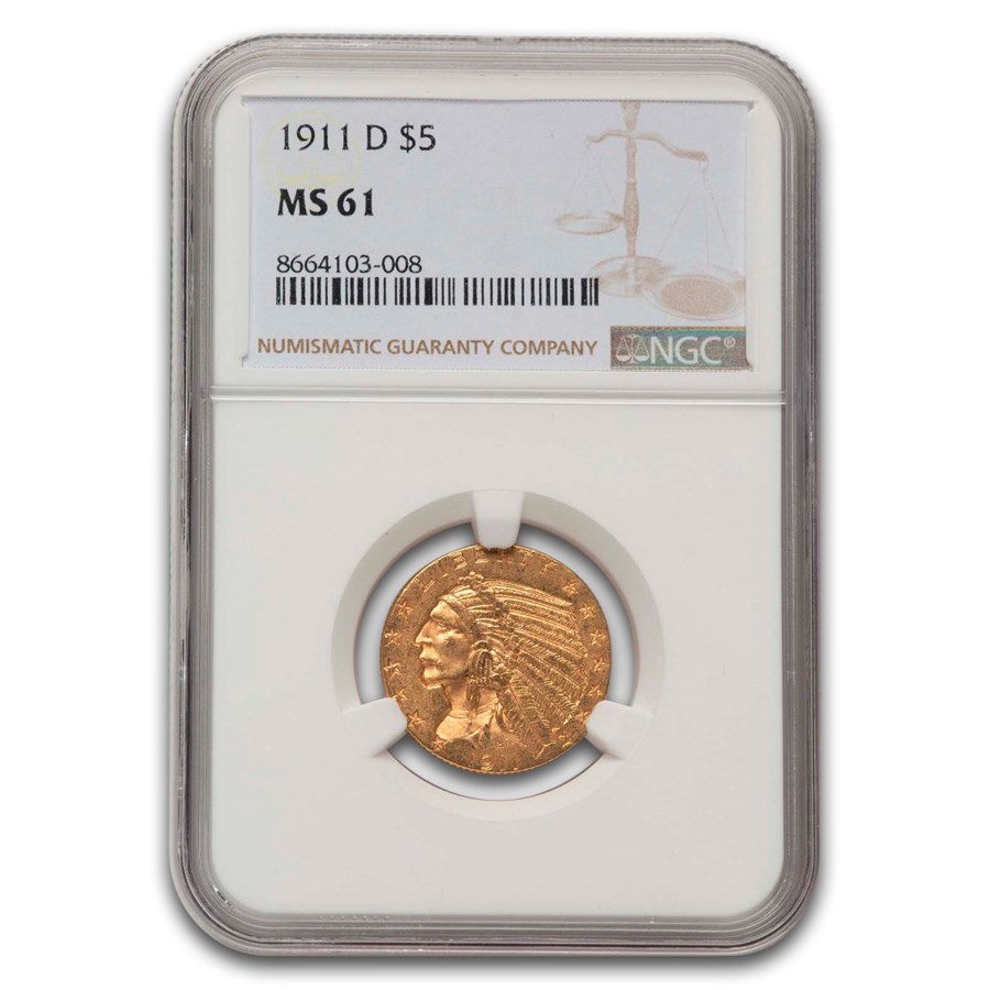 1911-D $5 Indian Gold Half Eagle MS-61 NGC