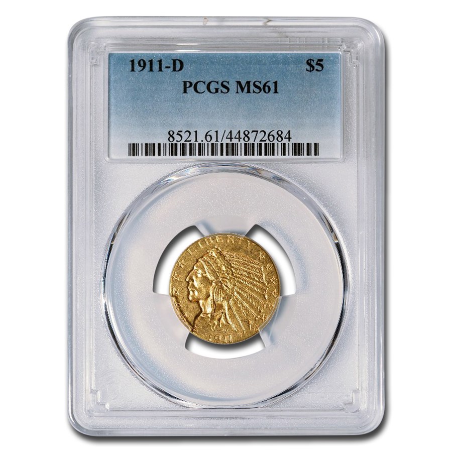 1911-D $5 Indian Gold Half Eagle MS-61 PCGS