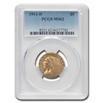 1911-D $5 Indian Gold Half Eagle MS-62 PCGS