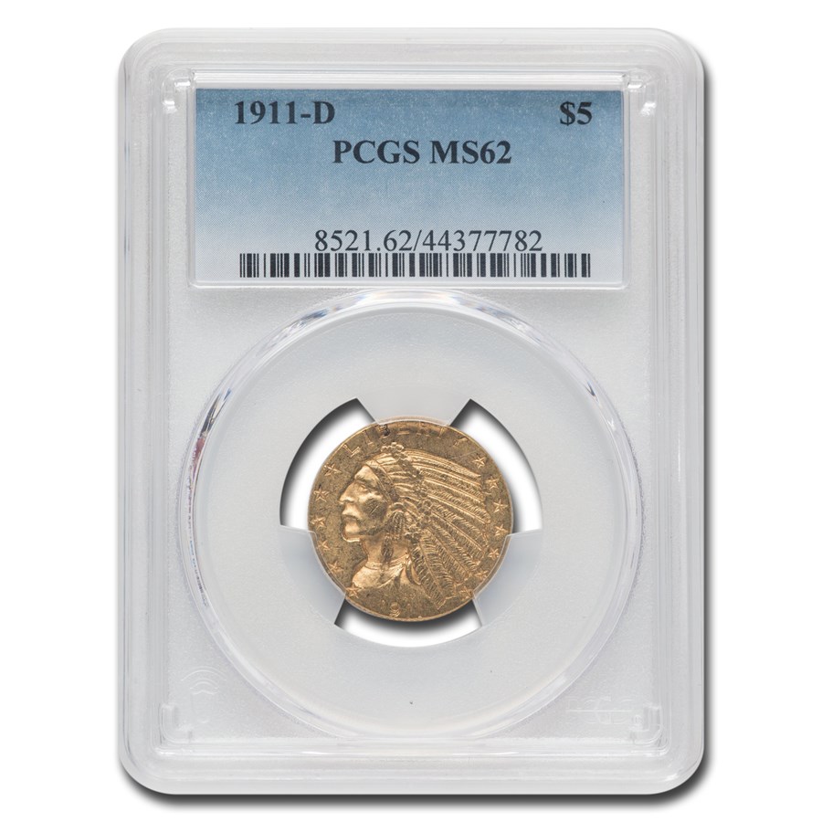 1911-D $5 Indian Gold Half Eagle MS-62 PCGS
