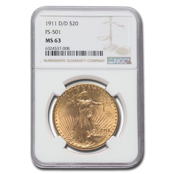 1911-D/D $20 Saint-Gaudens Gold Double Eagle MS-63 NGC (FS-501) 1911-D/D $20 Saint-Gaudens Gold Double Eagle MS-63 NGC (FS-501)