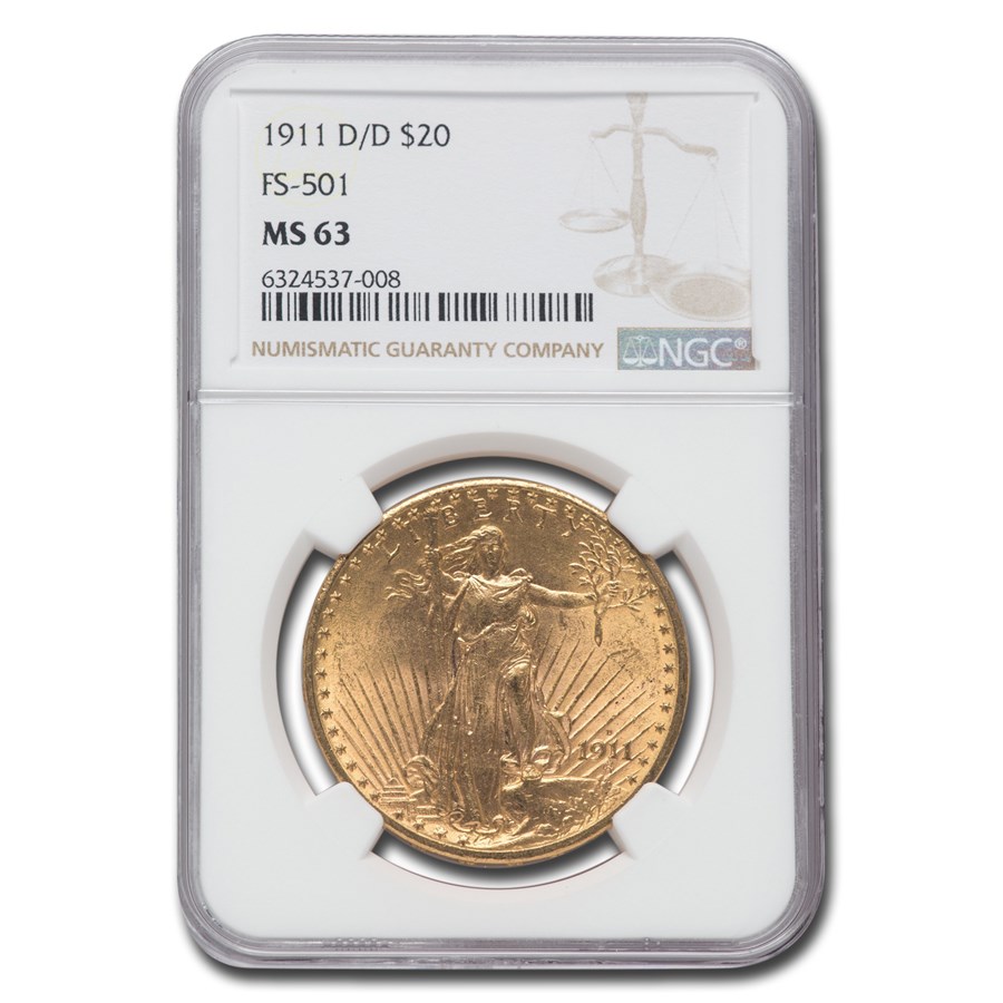 1911-D/D $20 Saint-Gaudens Gold Double Eagle MS-63 NGC (FS-501)