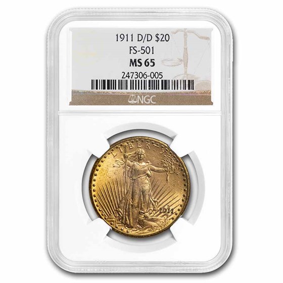 1911-D/D $20 Saint-Gaudens Gold Double Eagle MS-65 NGC (FS-501)