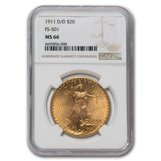 1911-D/D $20 Saint-Gaudens Gold Double Eagle MS-66 NGC (FS-501) 1911-D/D $20 Saint-Gaudens Gold Double Eagle MS-66 NGC (FS-501)