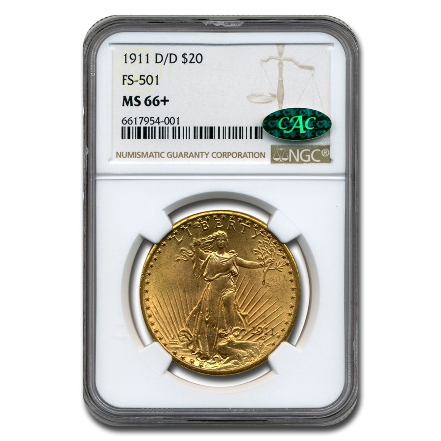 1911-D/D $20 St. Gauden Gold Double Eagle MS-66+ NGC CAC (FS-501)