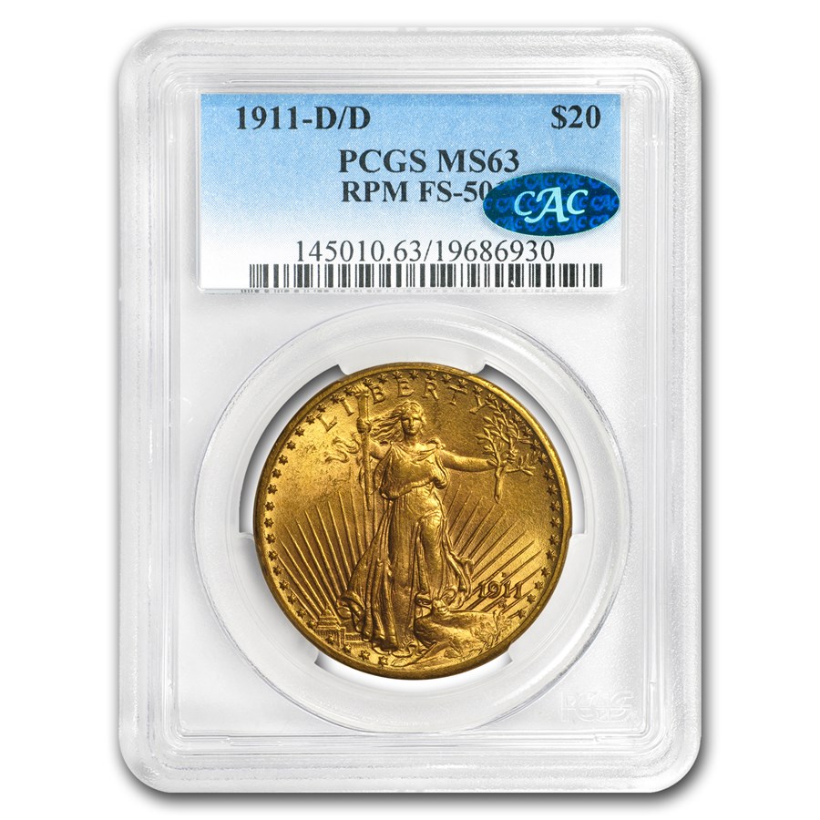 1911-D/D $20 St Gaudens Gold MS-63 PCGS (CAC, FS-501)