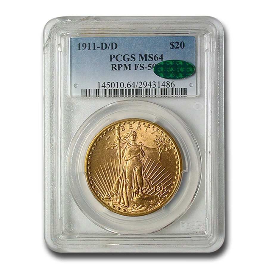 1911-D/D $20 St Gaudens Gold MS-64 PCGS CAC (RPM FS-501)