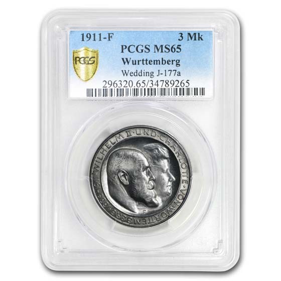 1911-F Germany Silver 3 Mark Wurttemberg Wedding MS-65 PCGS