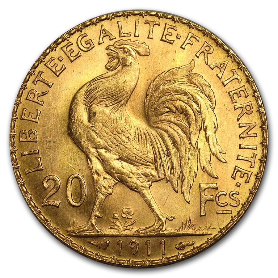 1911 France Gold 20 Francs Rooster BU