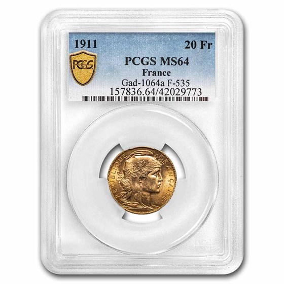 1911 France Gold 20 Francs Rooster MS-64 PCGS 1911 France Gold 20 Francs Rooster MS-64 PCGS