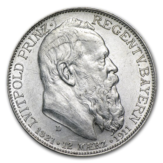 1911 Germany Silver 2 Mark Bavaria Luitpold Avg Circ 1911 Germany Silver 2 Mark Bavaria Luitpold Avg Circ