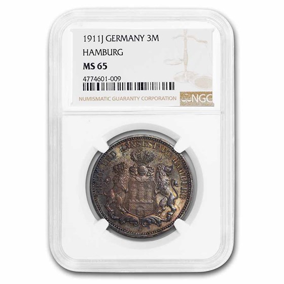 1911-J German States Hamburg Silver 3 Mark MS-65 NGC 1911-J German States Hamburg Silver 3 Mark MS-65 NGC