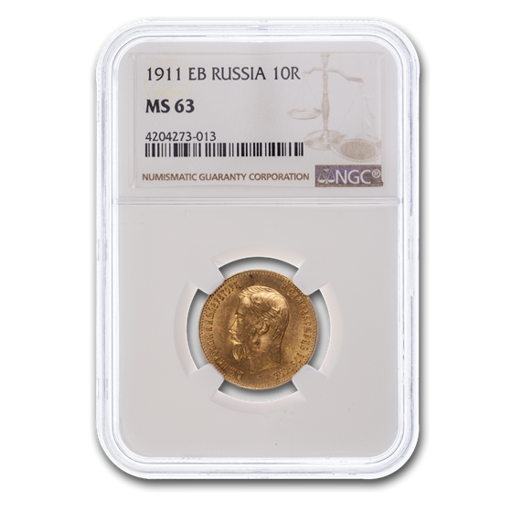 1911 Russia Gold 10 Roubles Nicholas II MS-63 NGC 1911 Russia Gold 10 Roubles Nicholas II MS-63 NGC