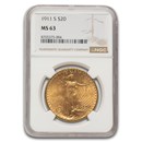 1911-S $20 St Gaudens Gold Double Eagle MS-63 NGC