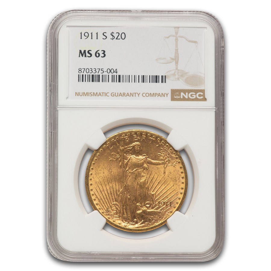 1911-S $20 St Gaudens Gold Double Eagle MS-63 NGC