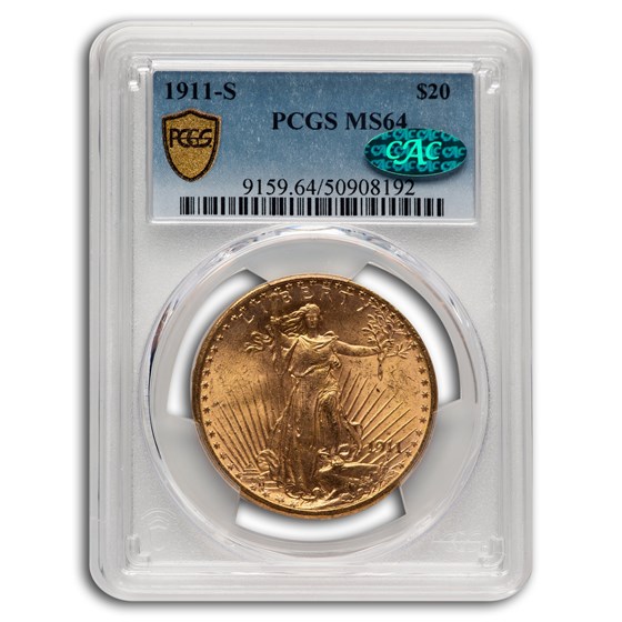 1911-S $20 St Gaudens Gold Double Eagle MS-64 PCGS CAC 1911-S $20 St Gaudens Gold Double Eagle MS-64 PCGS CAC