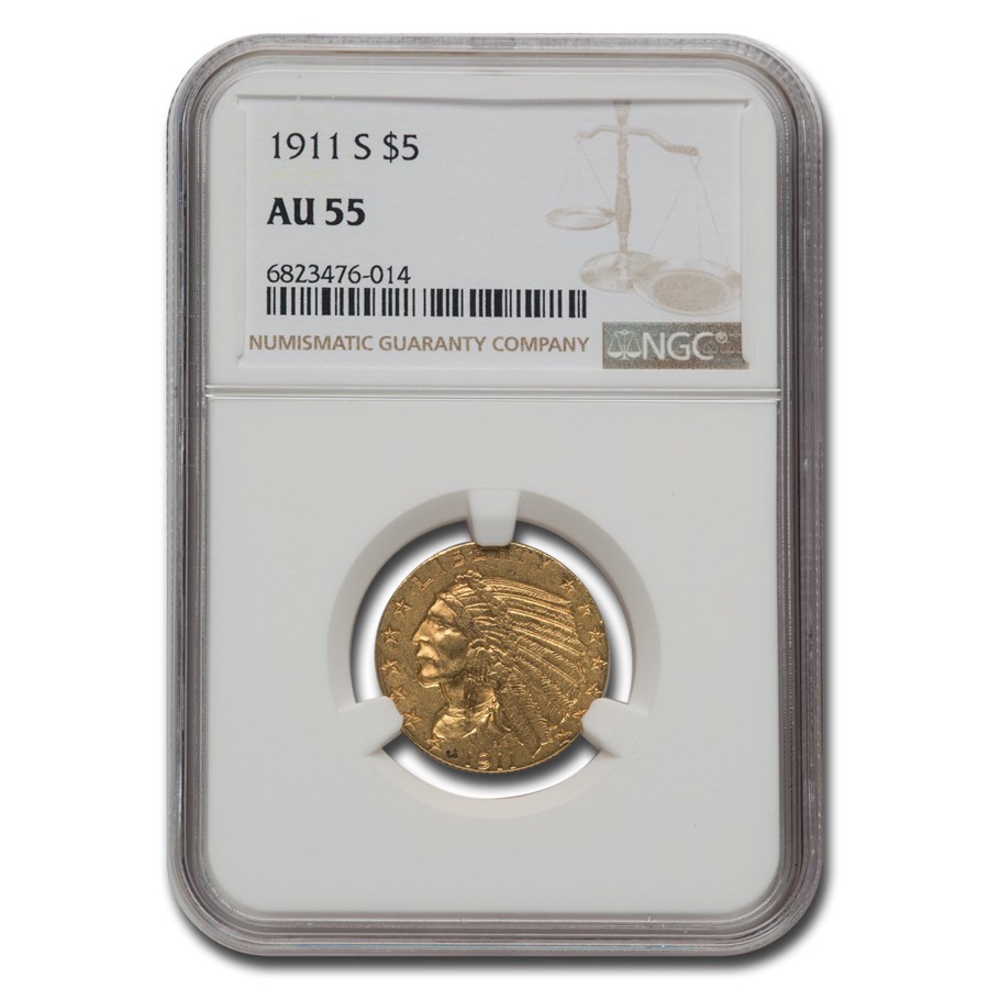1911-S $5 Indian Gold Half Eagle AU-55 NGC