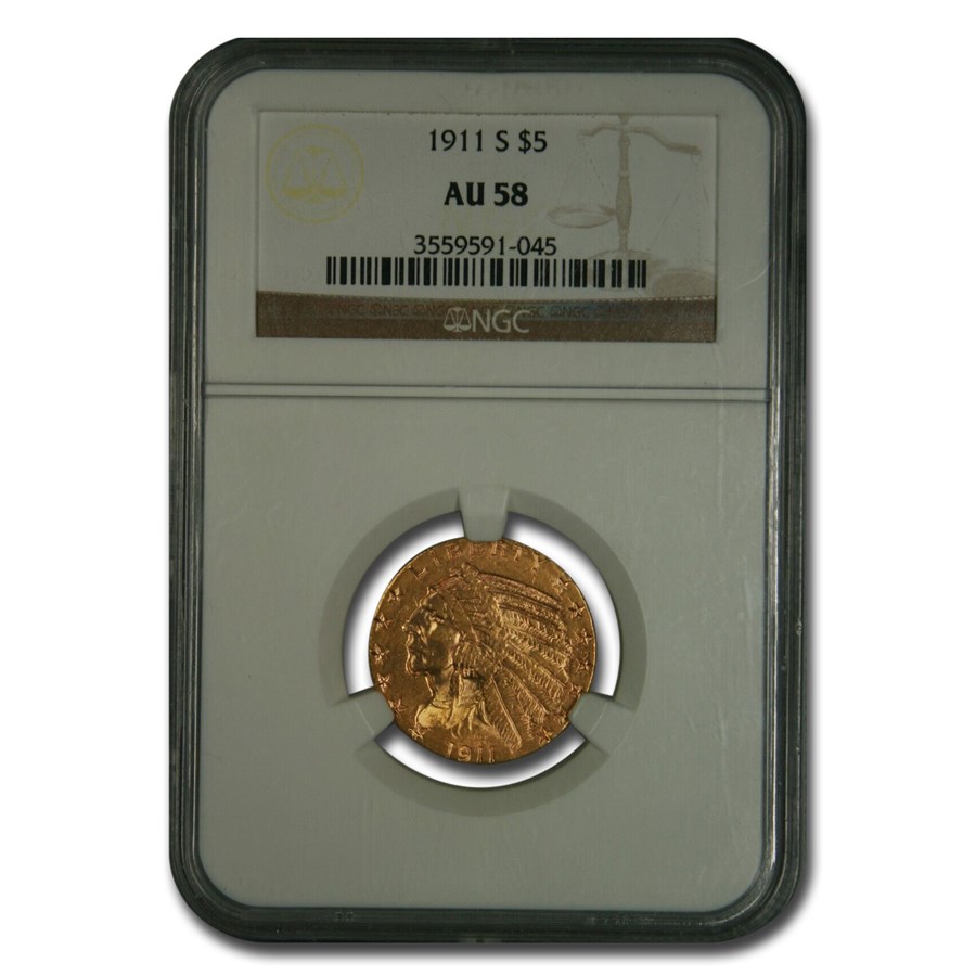 1911-S $5 Indian Gold Half Eagle AU-58 NGC