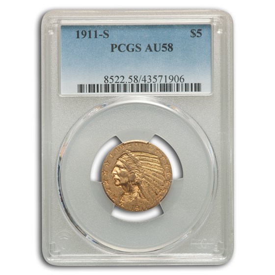 1911-S $5 Indian Gold Half Eagle AU-58 PCGS 1911-S $5 Indian Gold Half Eagle AU-58 PCGS
