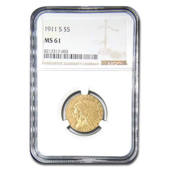 1911-S $5 Indian Gold Half Eagle MS-61 NGC 1911-S $5 Indian Gold Half Eagle MS-61 NGC