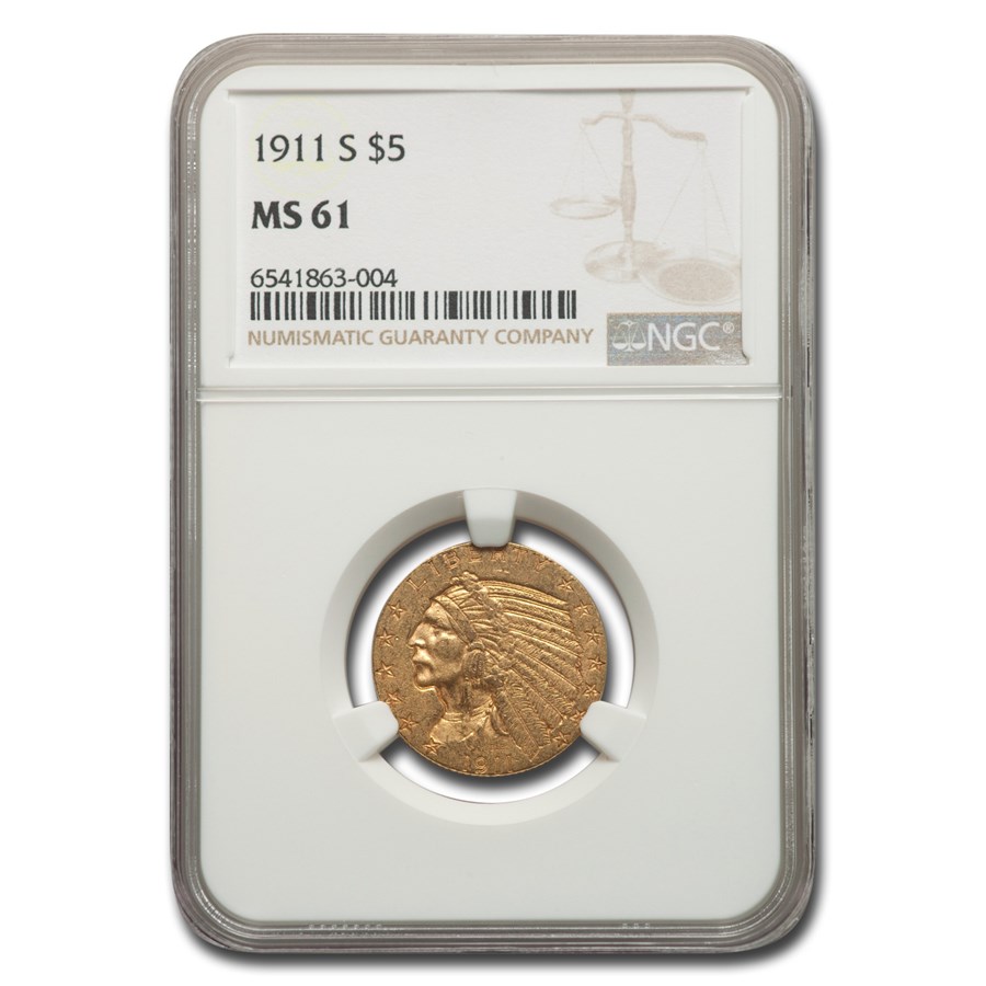 1911-S $5 Indian Gold Half Eagle MS-61 NGC