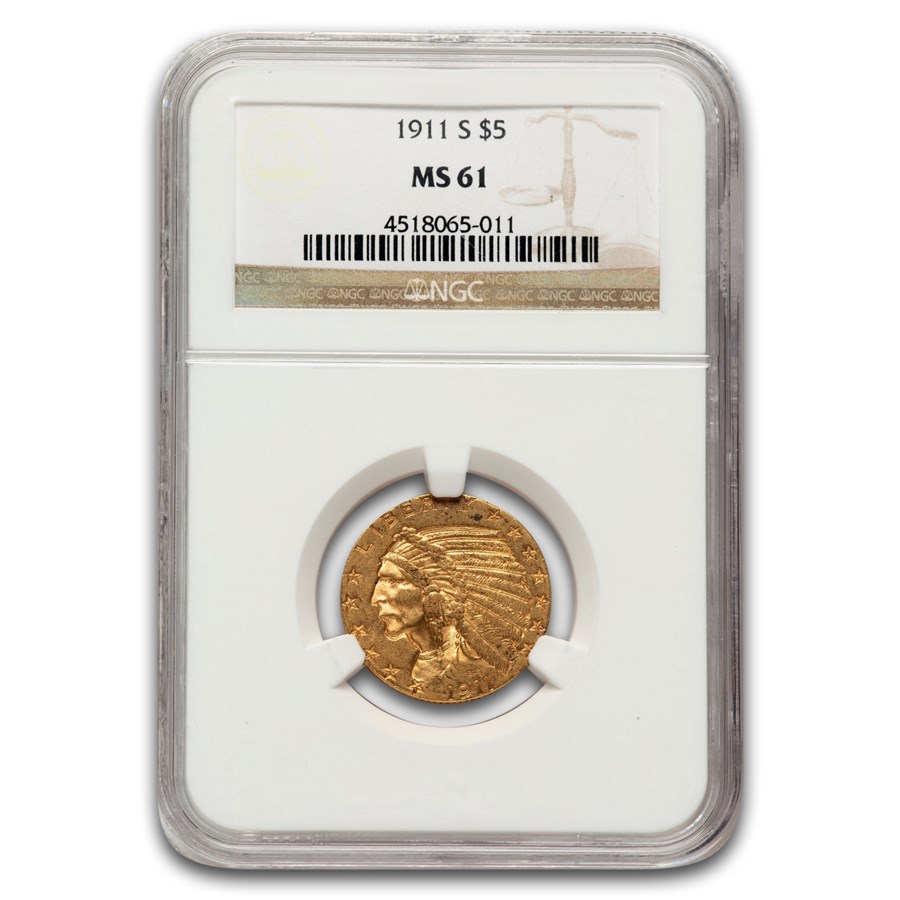 1911-S $5 Indian Gold Half Eagle MS-61 NGC