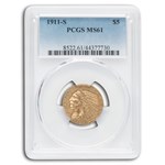 1911-S $5 Indian Gold Half Eagle MS-61 PCGS