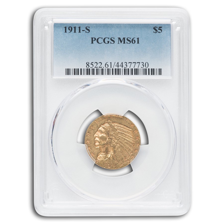 1911-S $5 Indian Gold Half Eagle MS-61 PCGS
