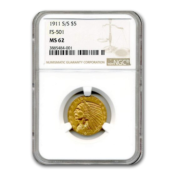 1911-S/S $5 Indian Gold Half Eagle MS-62 NGC (FS-501) 1911-S/S $5 Indian Gold Half Eagle MS-62 NGC (FS-501)