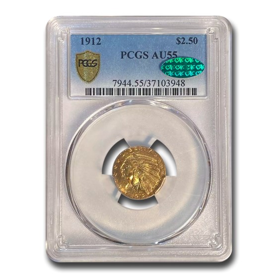 1912 $2.50 Indian Gold Quarter Eagle AU-55 PCGS CAC 1912 $2.50 Indian Gold Quarter Eagle AU-55 PCGS CAC