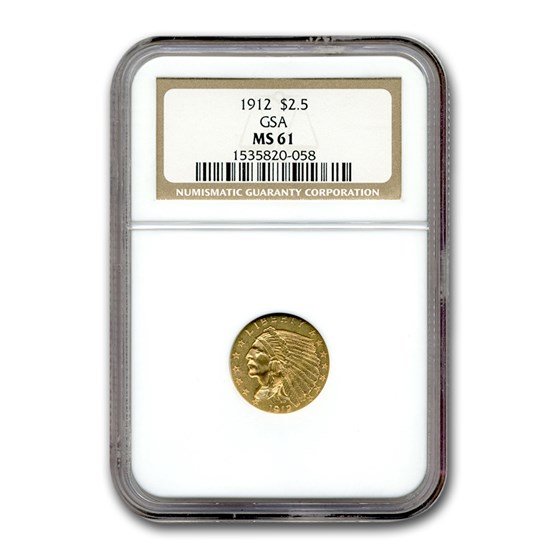 1912 $2.50 Indian Gold Quarter Eagle MS-61 NGC (GSA) 1912 $2.50 Indian Gold Quarter Eagle MS-61 NGC (GSA)