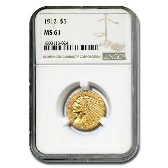 1912 $5 Indian Gold Half Eagle MS-61 NGC 1912 $5 Indian Gold Half Eagle MS-61 NGC