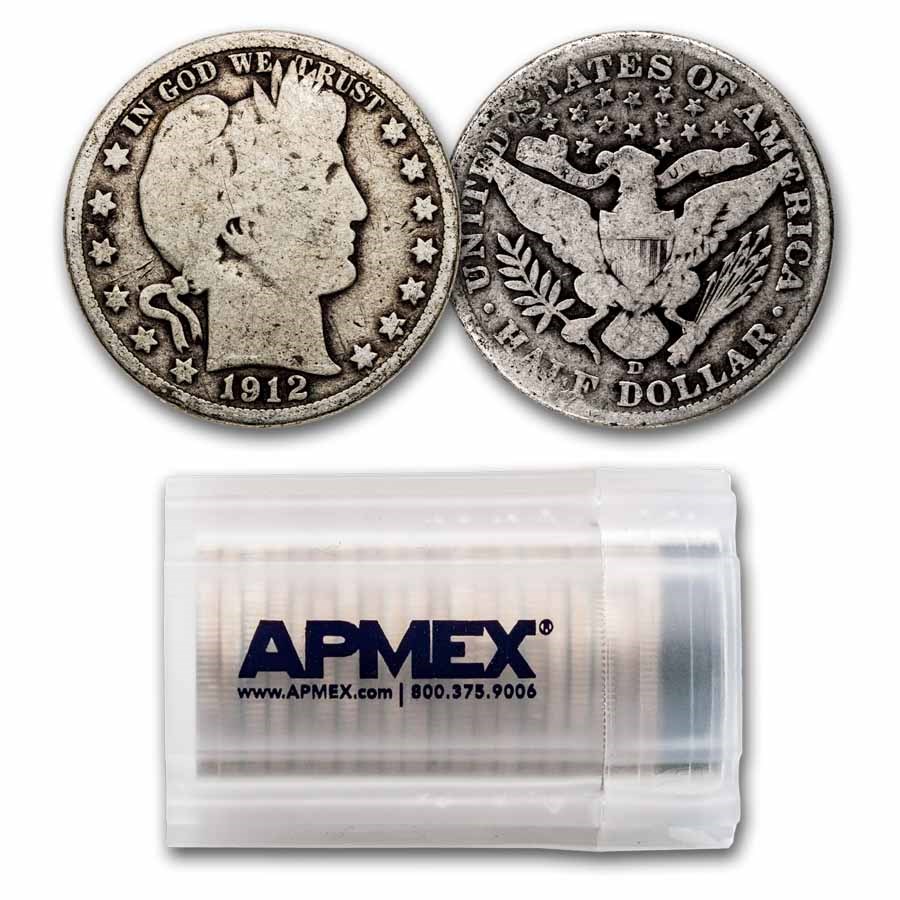 1912-D Barber Half Dollar 20-Coin Roll Avg Circ