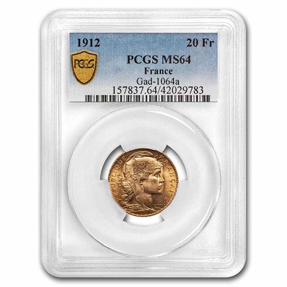 1912 France Gold 20 Francs Rooster MS-64 PCGS 1912 France Gold 20 Francs Rooster MS-64 PCGS