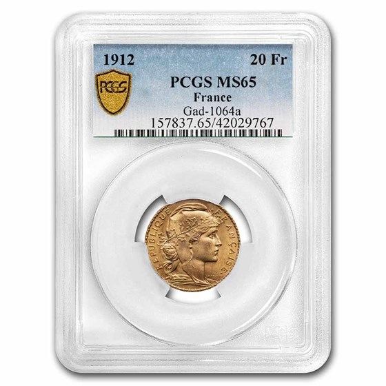 1912 France Gold 20 Francs Rooster MS-65 PCGS 1912 France Gold 20 Francs Rooster MS-65 PCGS