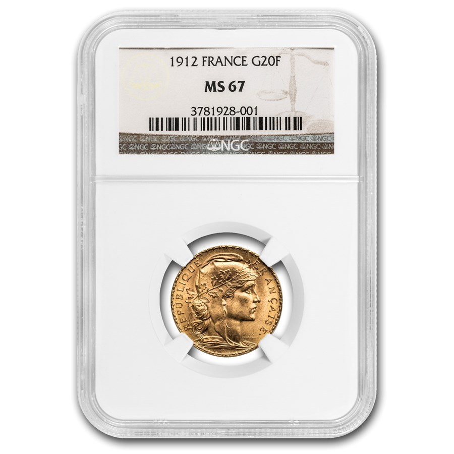 1912 France Gold 20 Francs Rooster MS-67 NGC