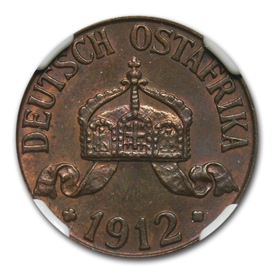 1912-J German East Africa Bronze 1 Heller MS-65 NGC (Brown) 1912-J German East Africa Bronze 1 Heller MS-65 NGC (Brown)