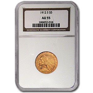 1912-S $5 Indian Gold Half Eagle AU-55 NGC 1912-S $5 Indian Gold Half Eagle AU-55 NGC