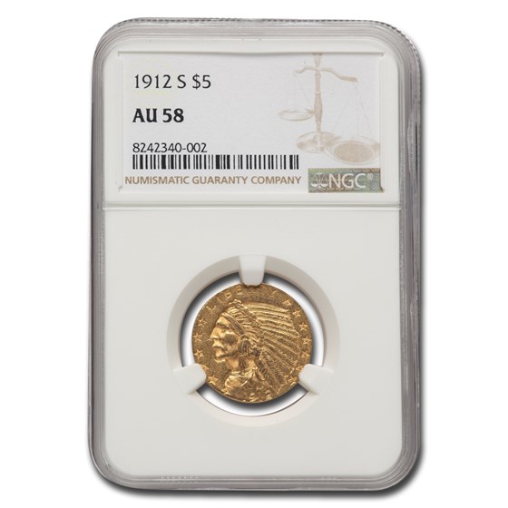 1912-S $5 Indian Gold Half Eagle AU-58 NGC 1912-S $5 Indian Gold Half Eagle AU-58 NGC