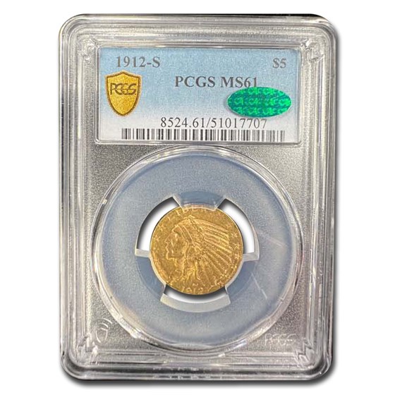 1912-S $5 Indian Gold Half Eagle MS-61 PCGS CAC 1912-S $5 Indian Gold Half Eagle MS-61 PCGS CAC