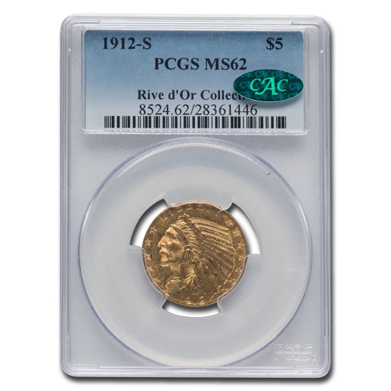 1912-S $5 Indian Gold Half Eagle MS-62 PCGS CAC 1912-S $5 Indian Gold Half Eagle MS-62 PCGS CAC
