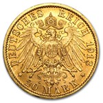 1913-1914 Germany Gold 20 Marks Prussia Uniform Bust Avg Circ