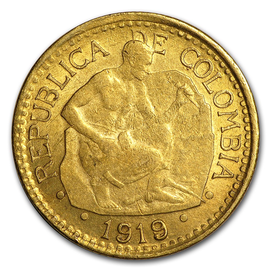1913-1919 Colombia Gold 5 Pesos Native Chiseling Rock Avg Circ