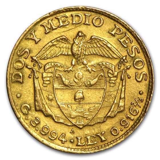 1913-1928 Colombia Gold 2 1/2 Pesos (Random) Avg Circ 1913-1928 Colombia Gold 2 1/2 Pesos (Random) Avg Circ
