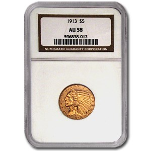1913 $5 Indian Gold Half Eagle AU-58 NGC 1913 $5 Indian Gold Half Eagle AU-58 NGC