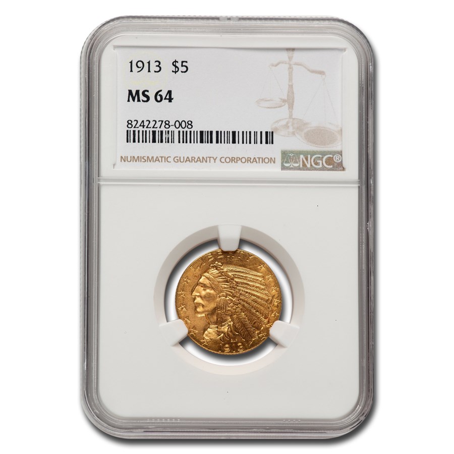 1913 $5 Indian Gold Half Eagle MS-64 NGC