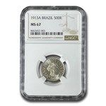 1913-A Brazil Silver 500 Reis MS-67 NGC