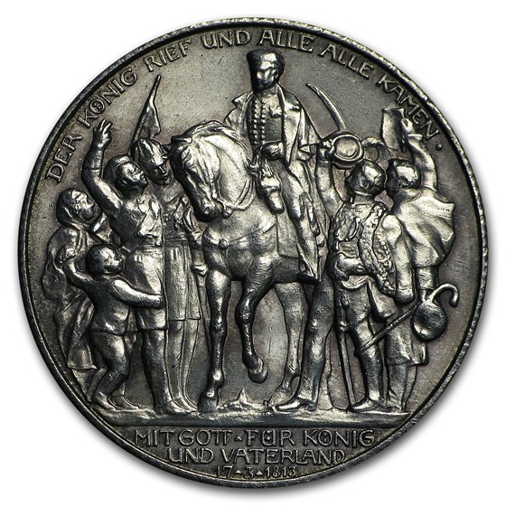 1913-A Germany Silver 2 Mark Prussia 100th Anniversary Avg Circ 1913-A Germany Silver 2 Mark Prussia 100th Anniversary Avg Circ