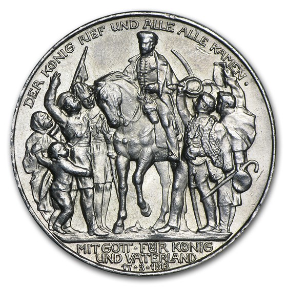 1913-A Germany Silver 3 Mark Prussia 100th Anniversary Avg Circ 1913-A Germany Silver 3 Mark Prussia 100th Anniversary Avg Circ
